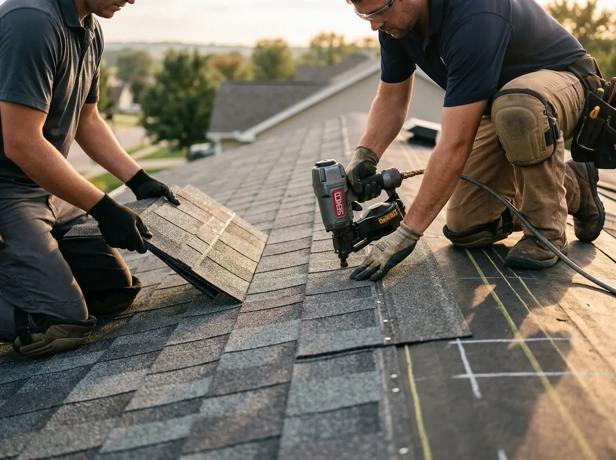 Professional roofer working on a residential roof in Roseburg